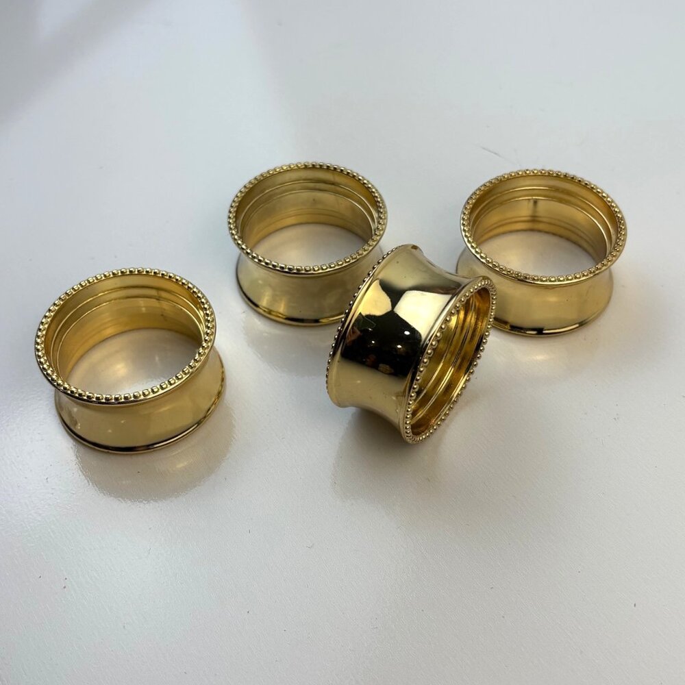 Set Of 4‎ Brass Metal Napkin Rings  Beaded Edge Vintage Gold-tone